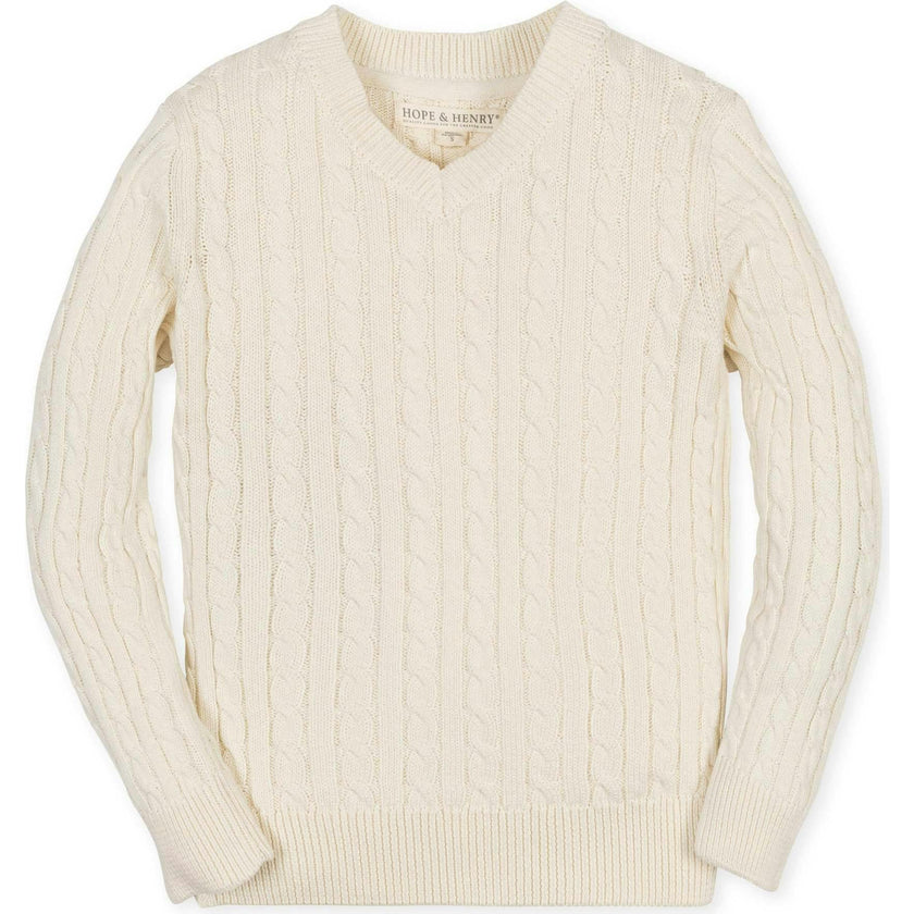 Organic Long Sleeve V-Neck Cable Sweater, White