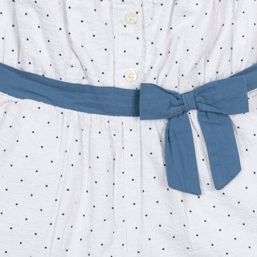 Organic Ruffle Collar Button Front Seersucker Romper, White
