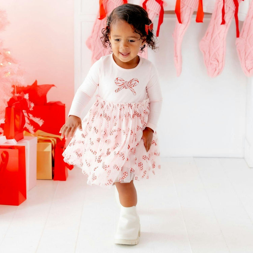 Candy Cane Confetti Christmas Long Sleeve Tutu Dress