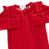 Velour Holiday Red - 2 Way Ruffle Sleeve Zipper Footie