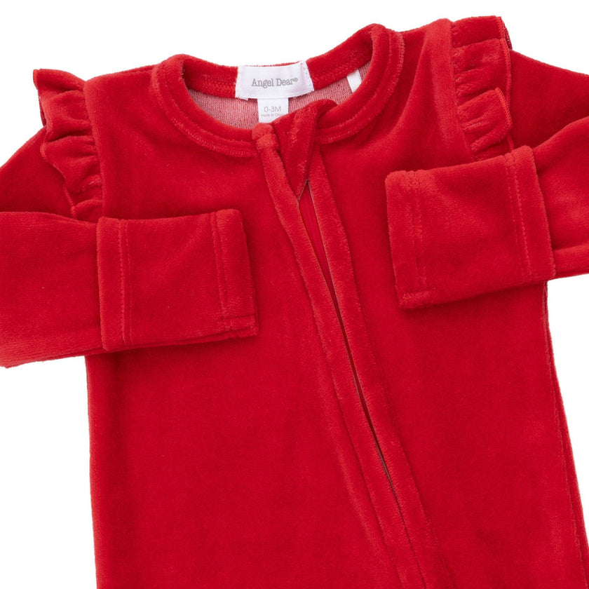 Velour Holiday Red - 2 Way Ruffle Sleeve Zipper Footie