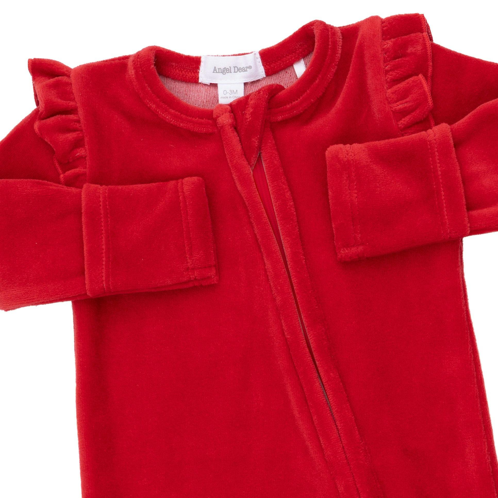Velour Holiday Red - 2 Way Ruffle Sleeve Zipper Footie