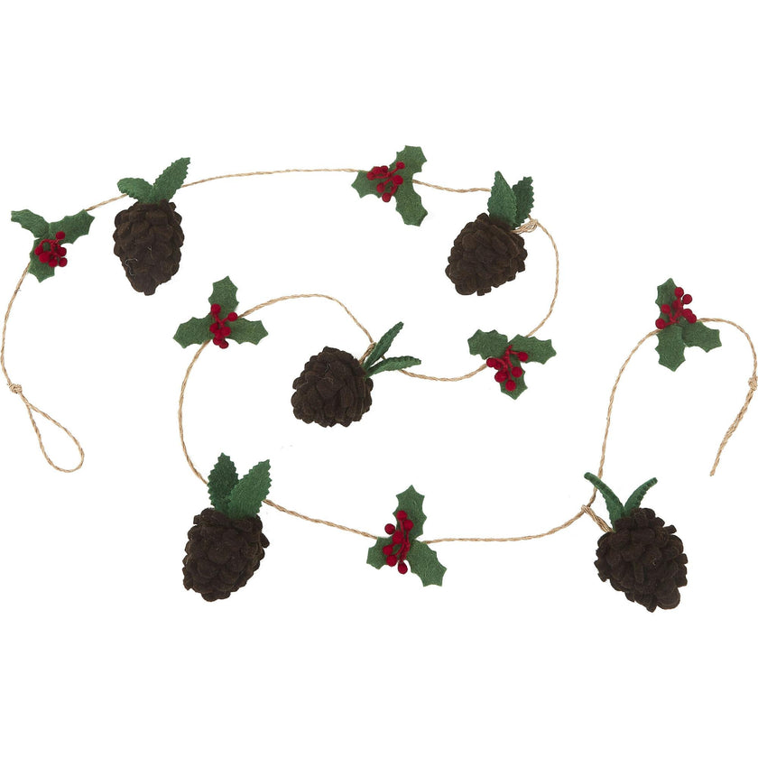 Handmade Christmas Garland and Bunting - Pinecones and Holly Berries Felt and Jute - 6'