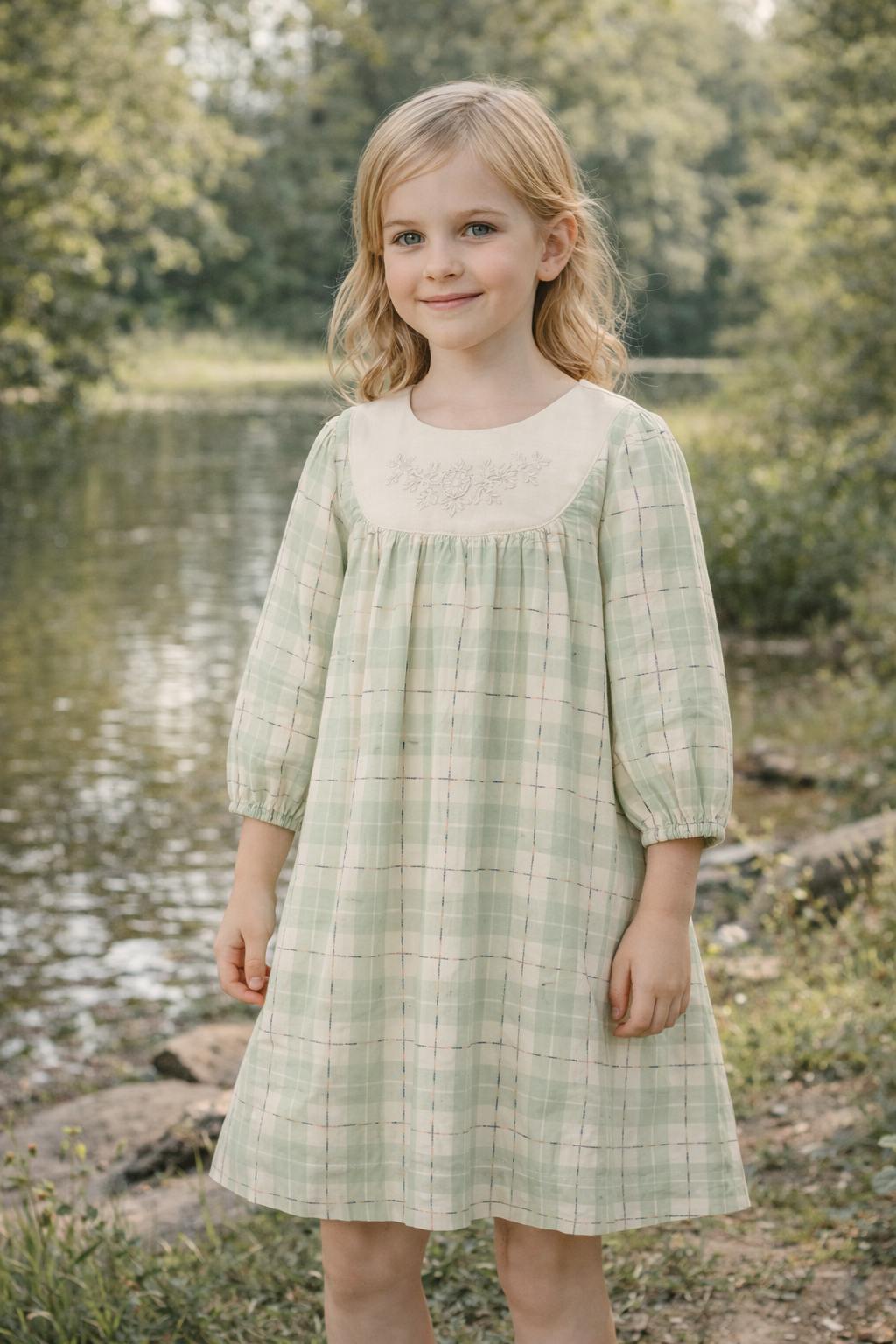 Embroidered Windowpane Long Sleeve Dress