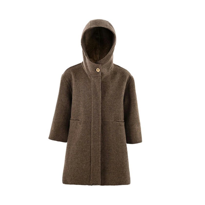 Brown Hooded Wool Coat & Mittens Set