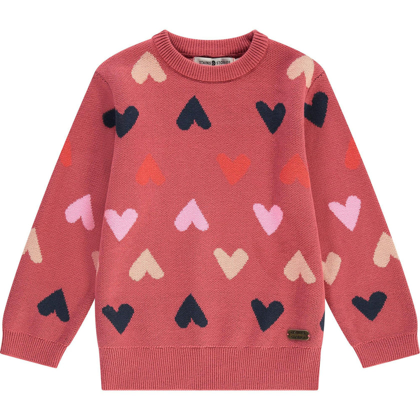 All-Over Heart Knit Crew Neck Pull-Over Sweater