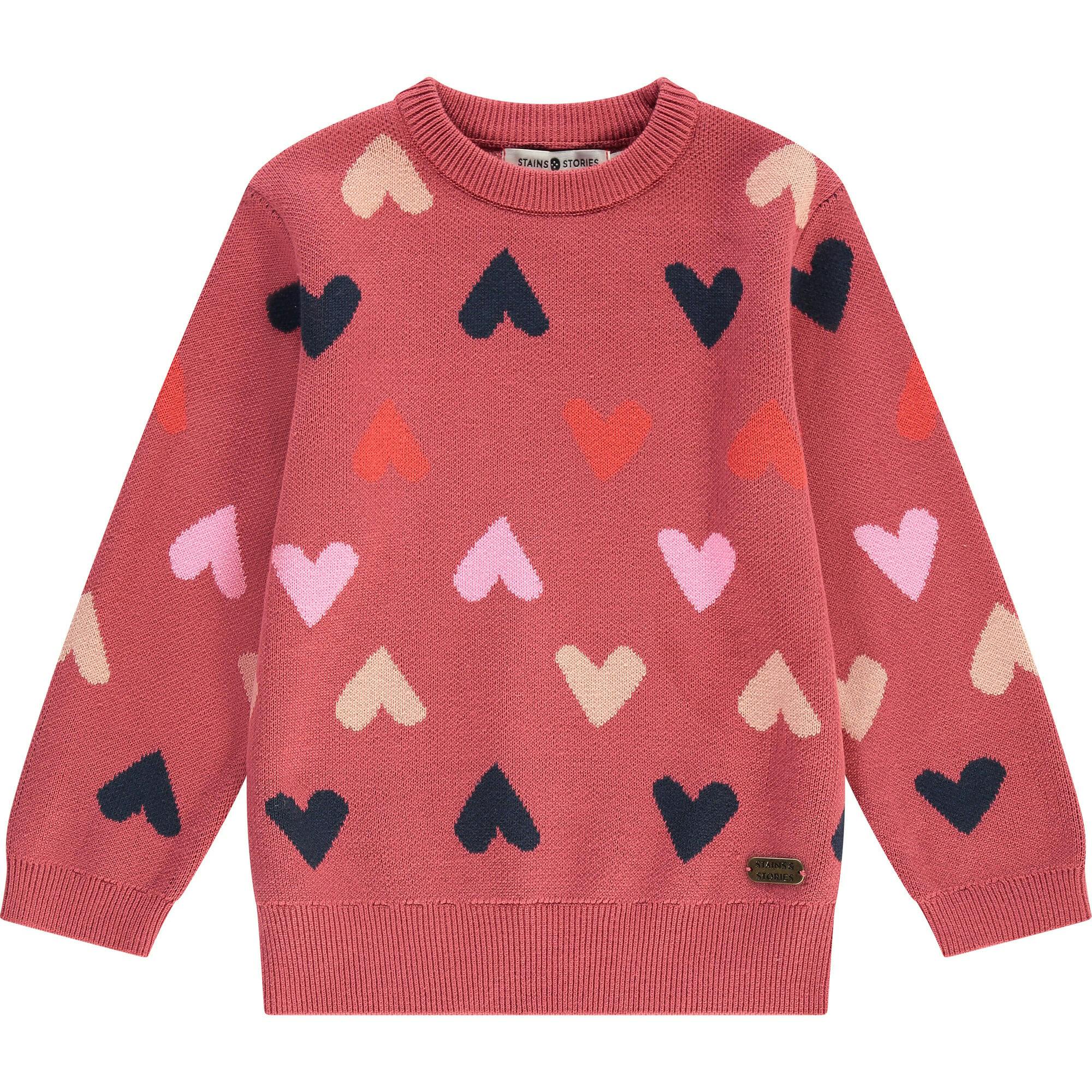 All-Over Heart Knit Crew Neck Pull-Over Sweater