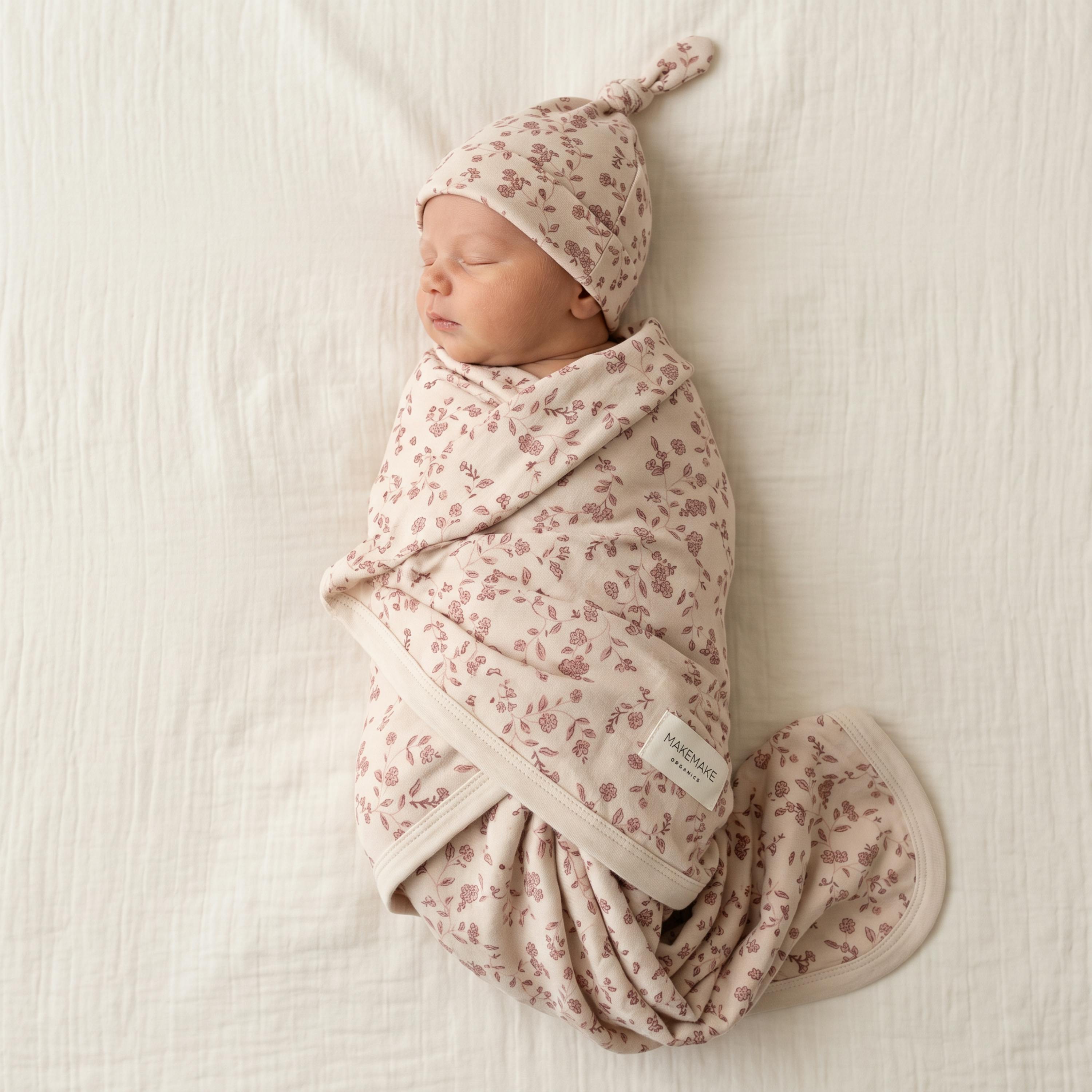 Organic Swaddle Blanket & Hat Set - Petal Whispers