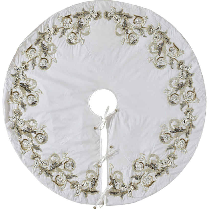 Hand Beaded Imperial Design Large Silk Cream Christmas Tree Skirt 60"
