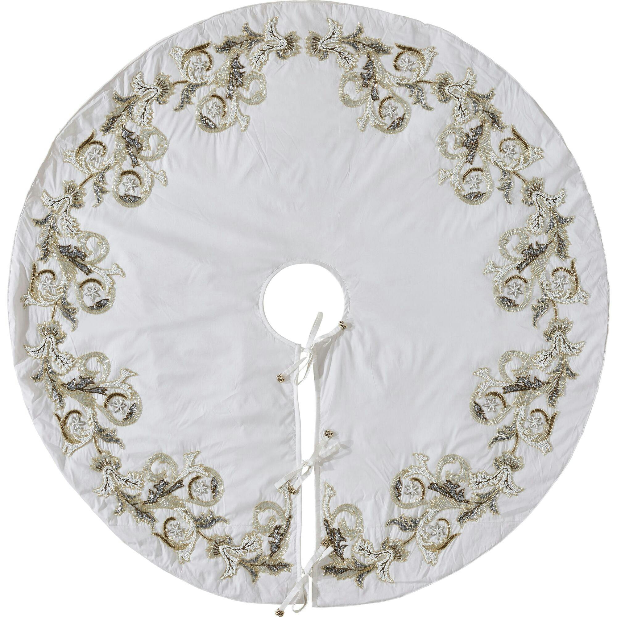 Imperial Design Hand Beaded Christmas Tree Skirt on Cream Silk- Large - 60