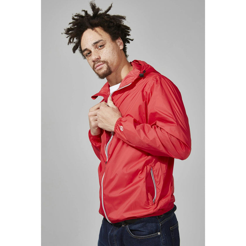 Navy full zip packable rain jacket and windbreaker