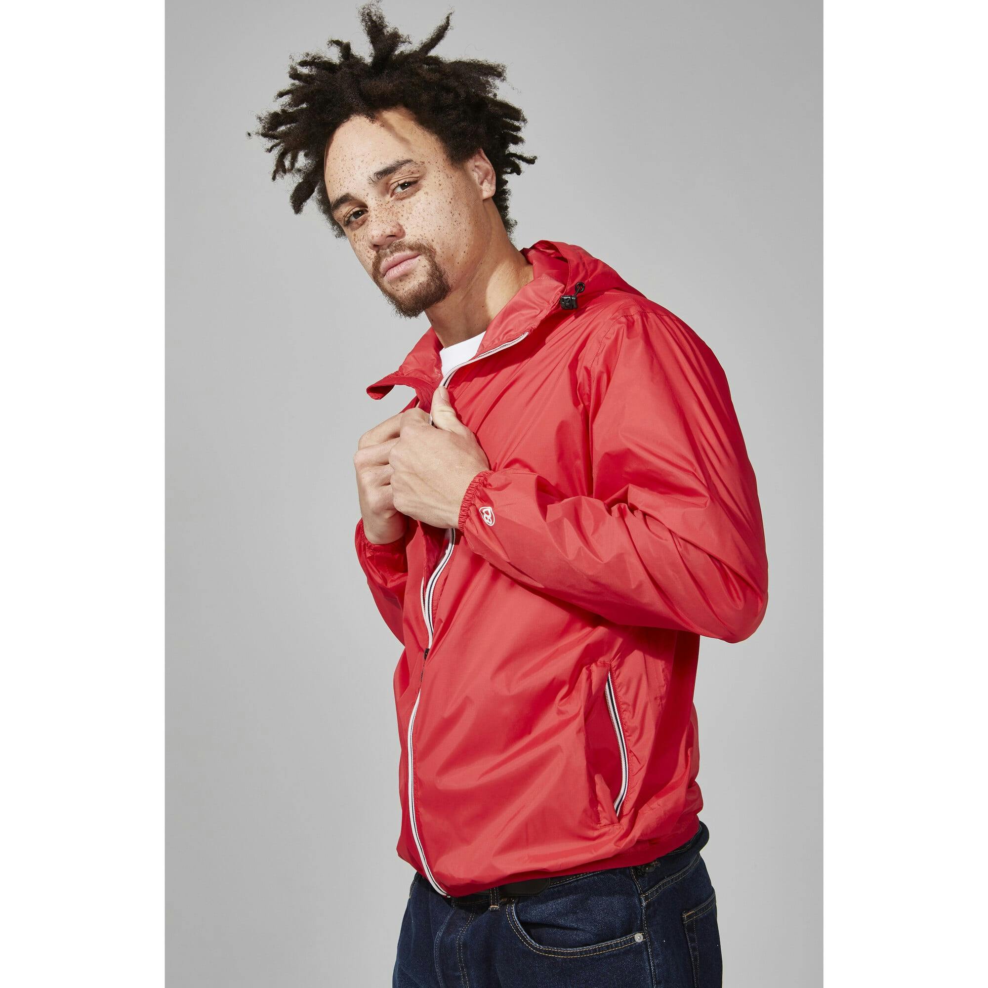 Navy full zip packable rain jacket and windbreaker