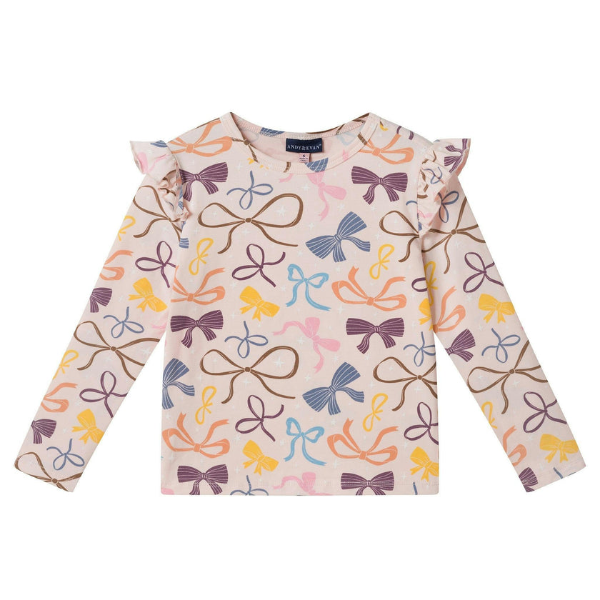 Girls Bow Print Top & Pleated Denim Skirt Set | Multi Bows - Pink