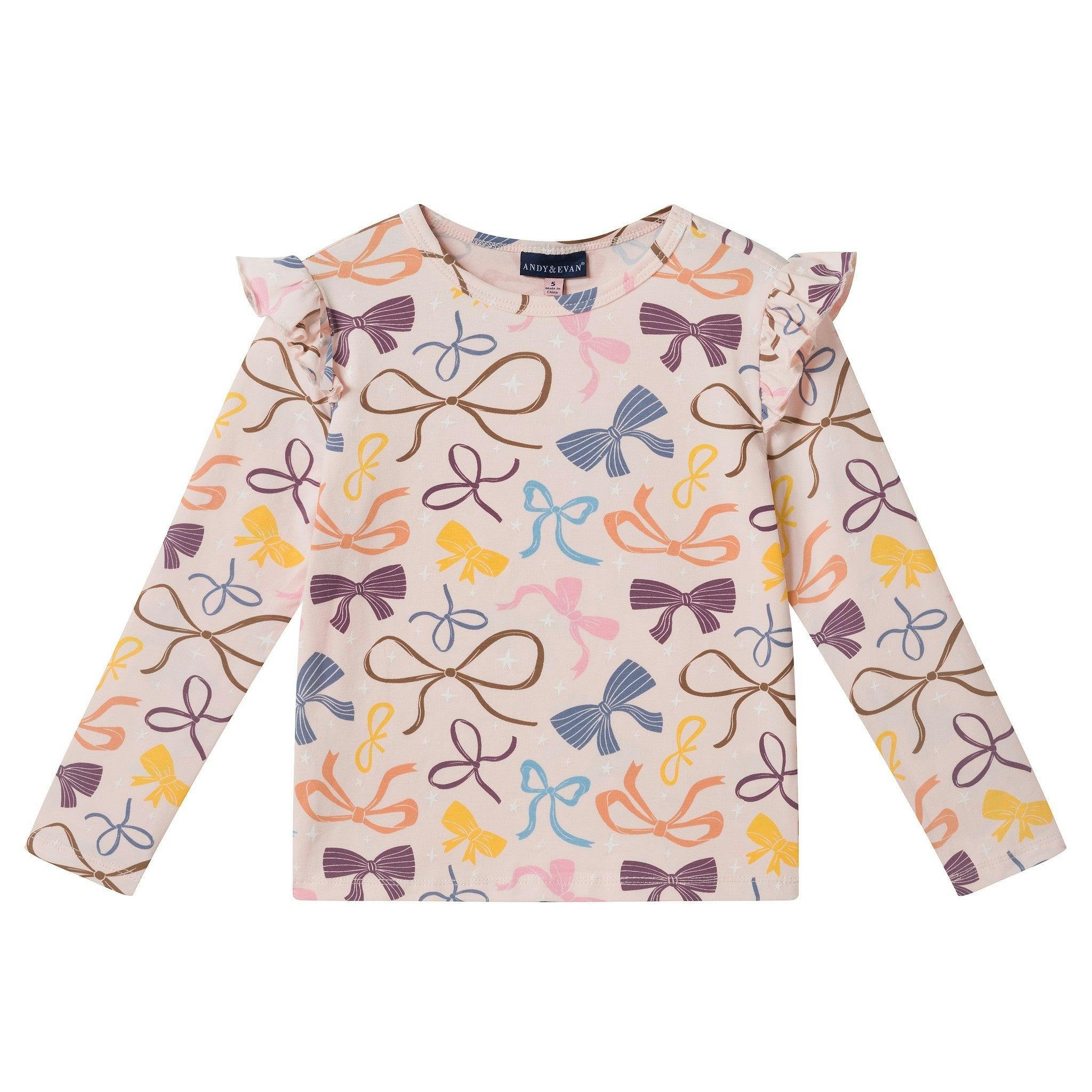 Girls Bow Print Top & Pleated Denim Skirt Set | Multi Bows - Pink