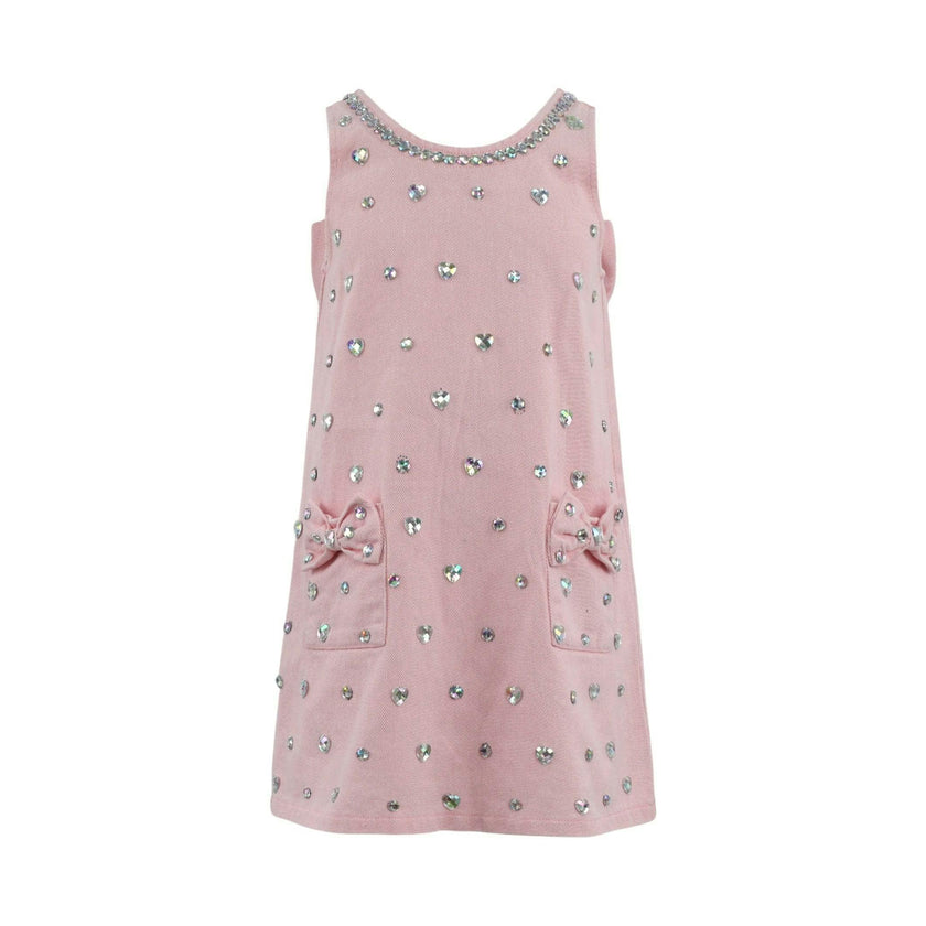 Pink Crystal Heart Denim Bow Dress