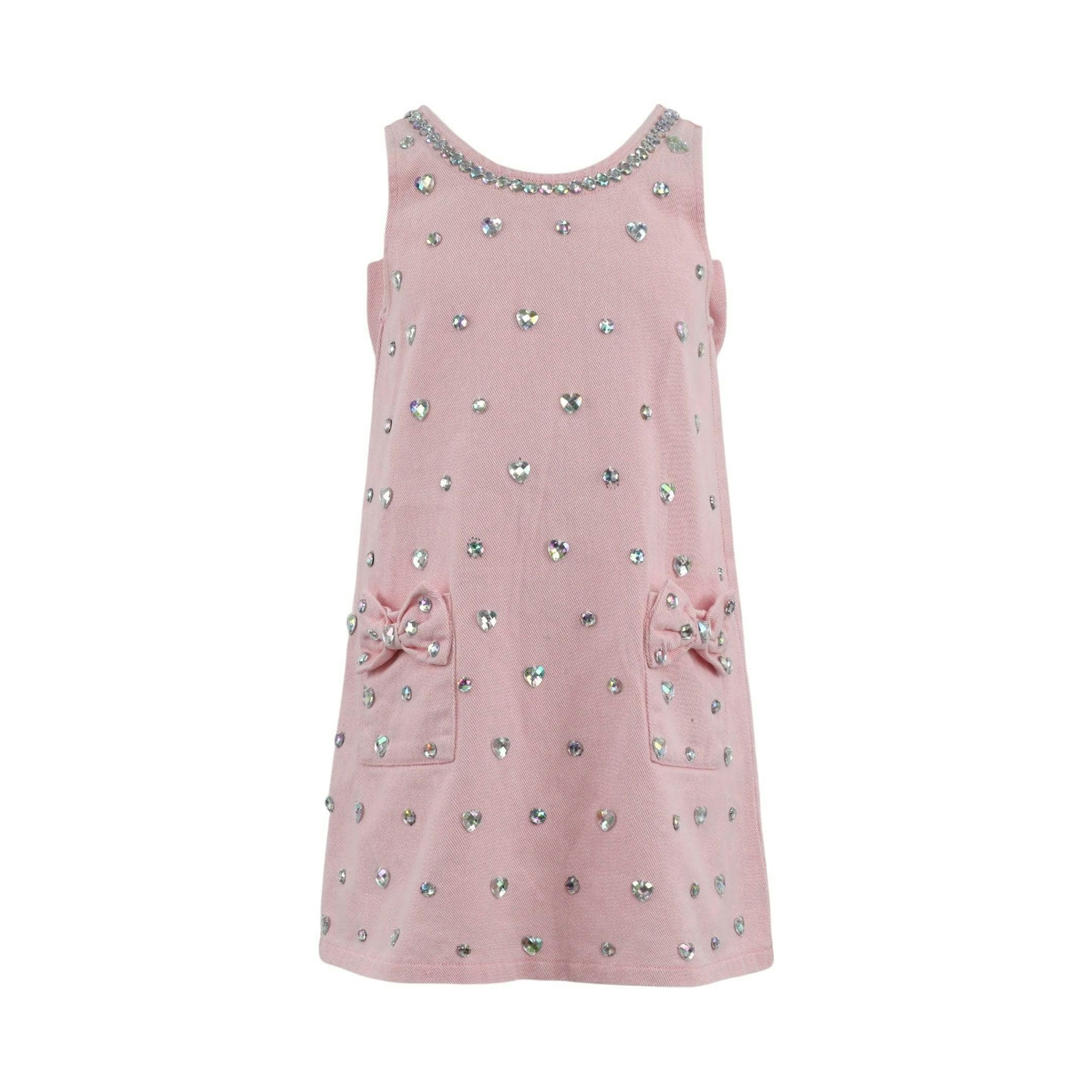 Pink Crystal Heart Denim Bow Dress