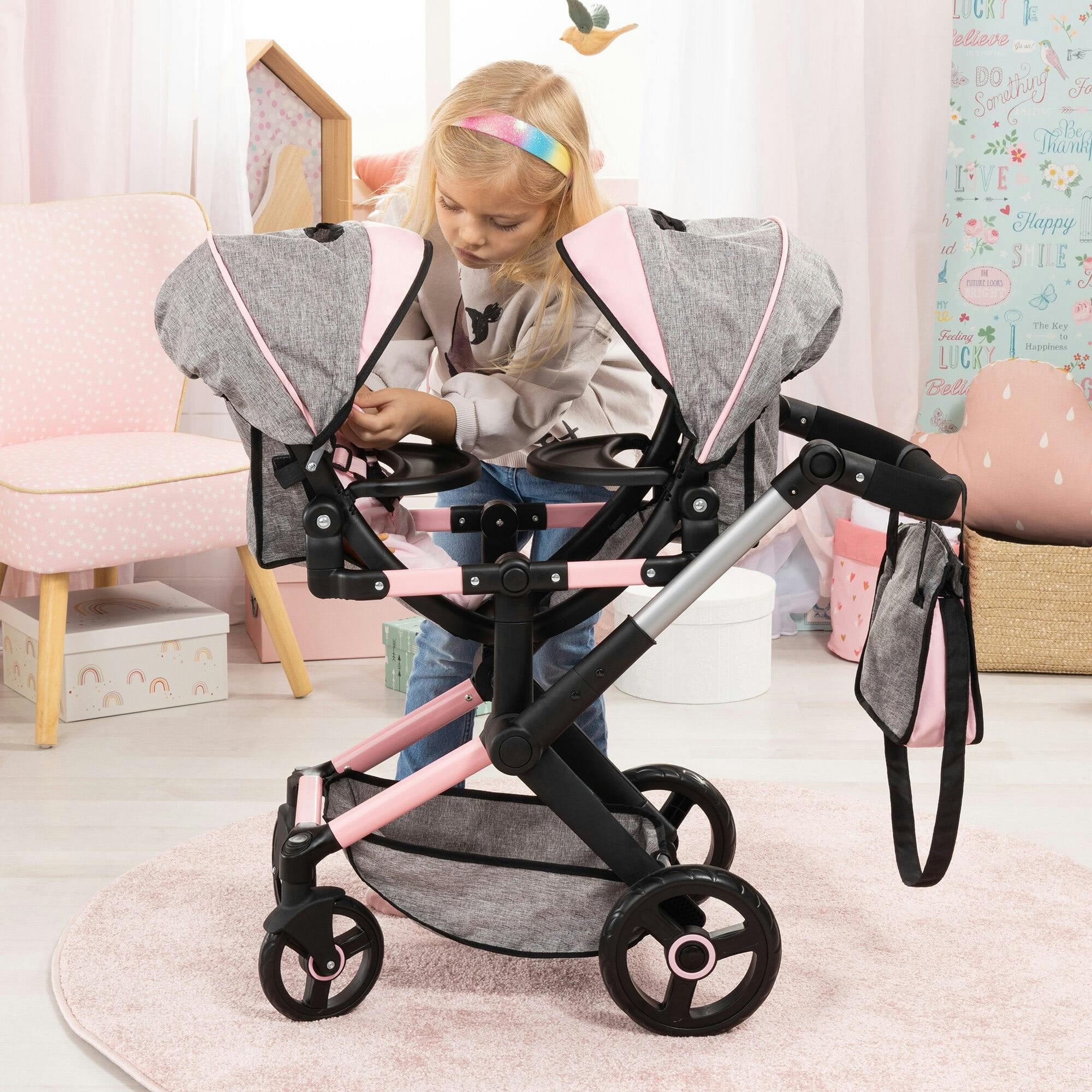 Bayer Design Dolls: Xeo Twin Pram - Grey & Pink