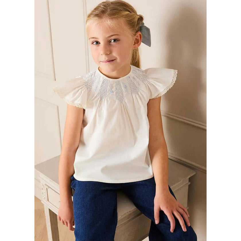 Butterfly Embroidered Lace Detail Cap Sleeve Blouse in White (18mths-10yrs)