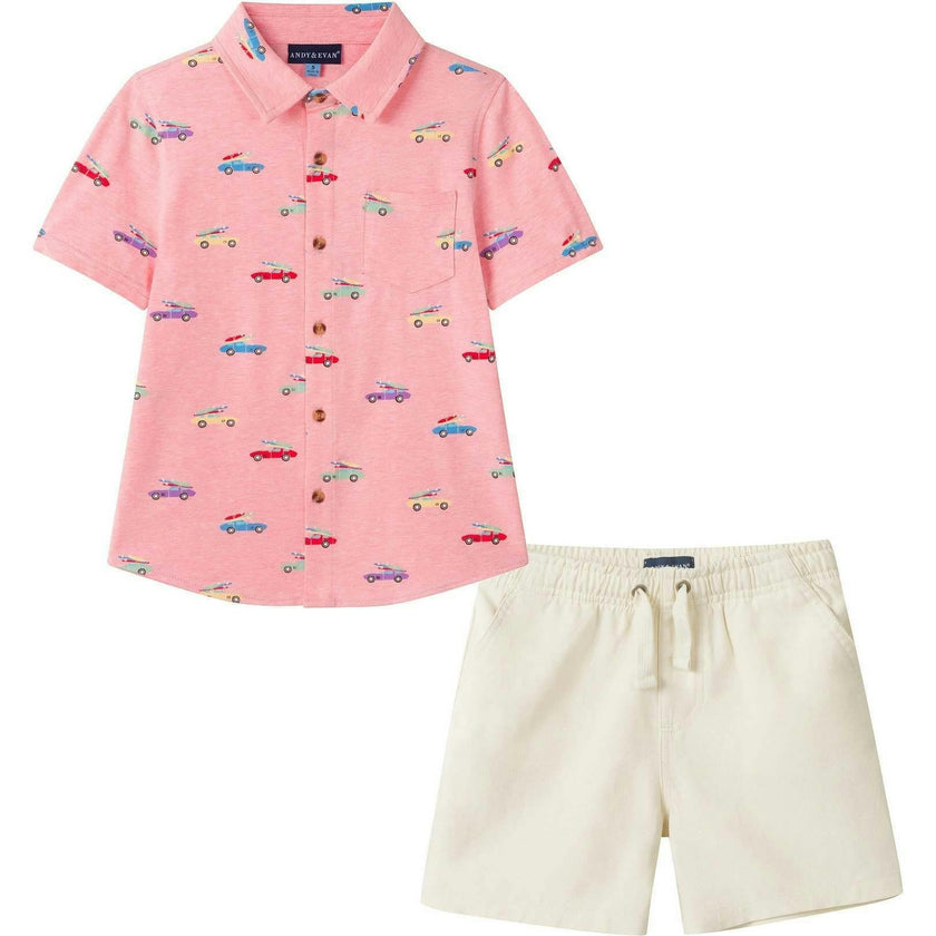 Boys Buttondown & Linen Short Set | Coral Cars