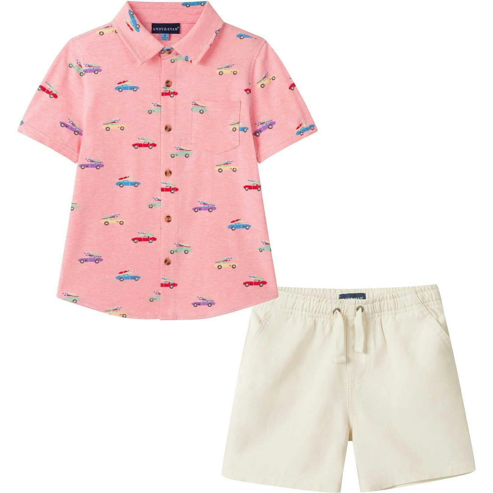 Boys Buttondown & Linen Short Set | Coral Cars