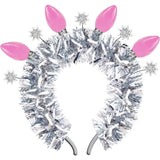 Packed Party Tinsel Topper Christmas Light Novelty Headband - Silver Tinsel with Pink Christmas Lights and Silver Glitter Stars for Holiday Parties, One Size