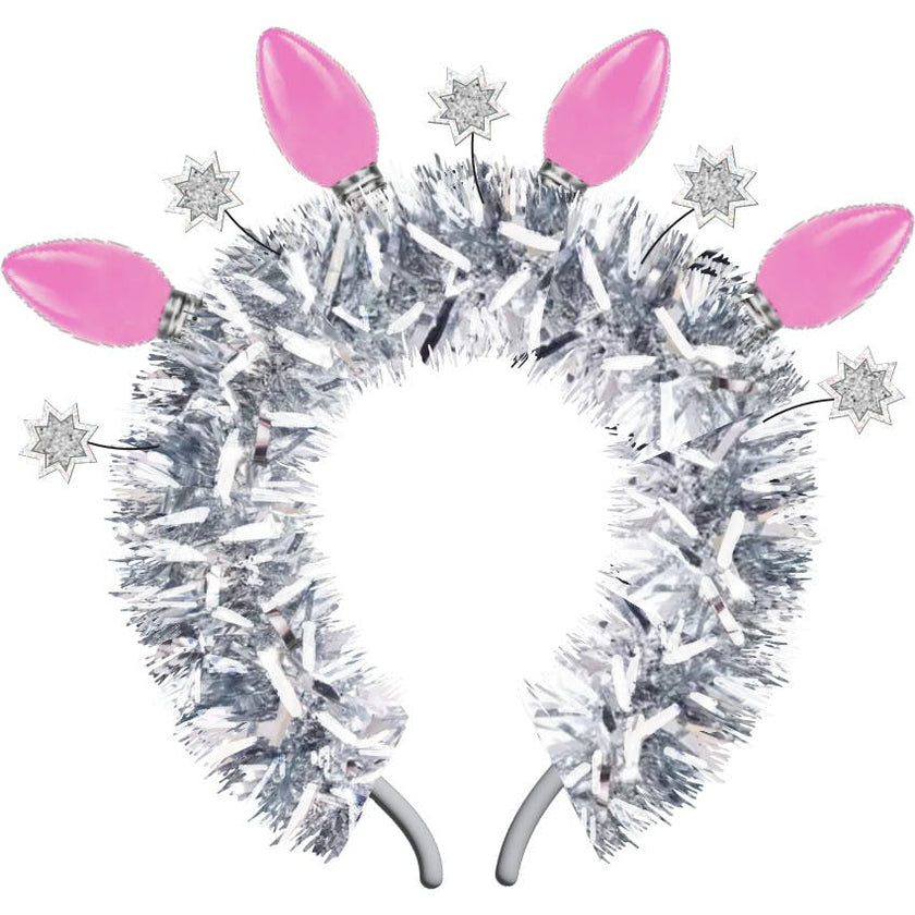 Packed Party Tinsel Topper Christmas Light Novelty Headband - Silver Tinsel with Pink Christmas Lights and Silver Glitter Stars for Holiday Parties, One Size