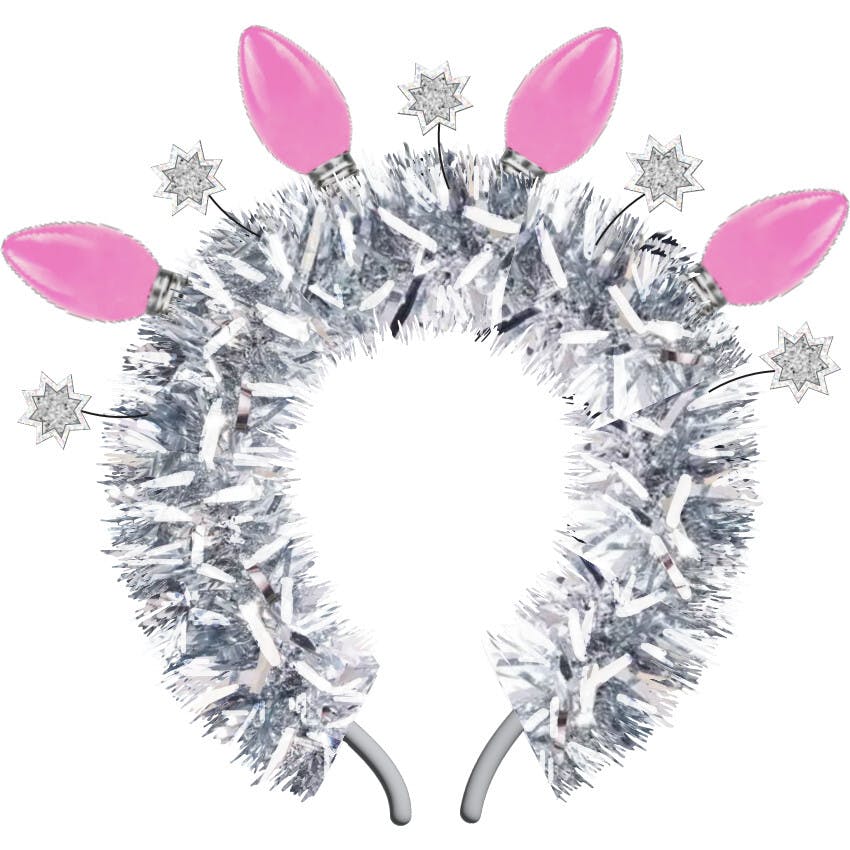 Packed Party Tinsel Topper Christmas Light Novelty Headband - Silver Tinsel with Pink Christmas Lights and Silver Glitter Stars for Holiday Parties, One Size