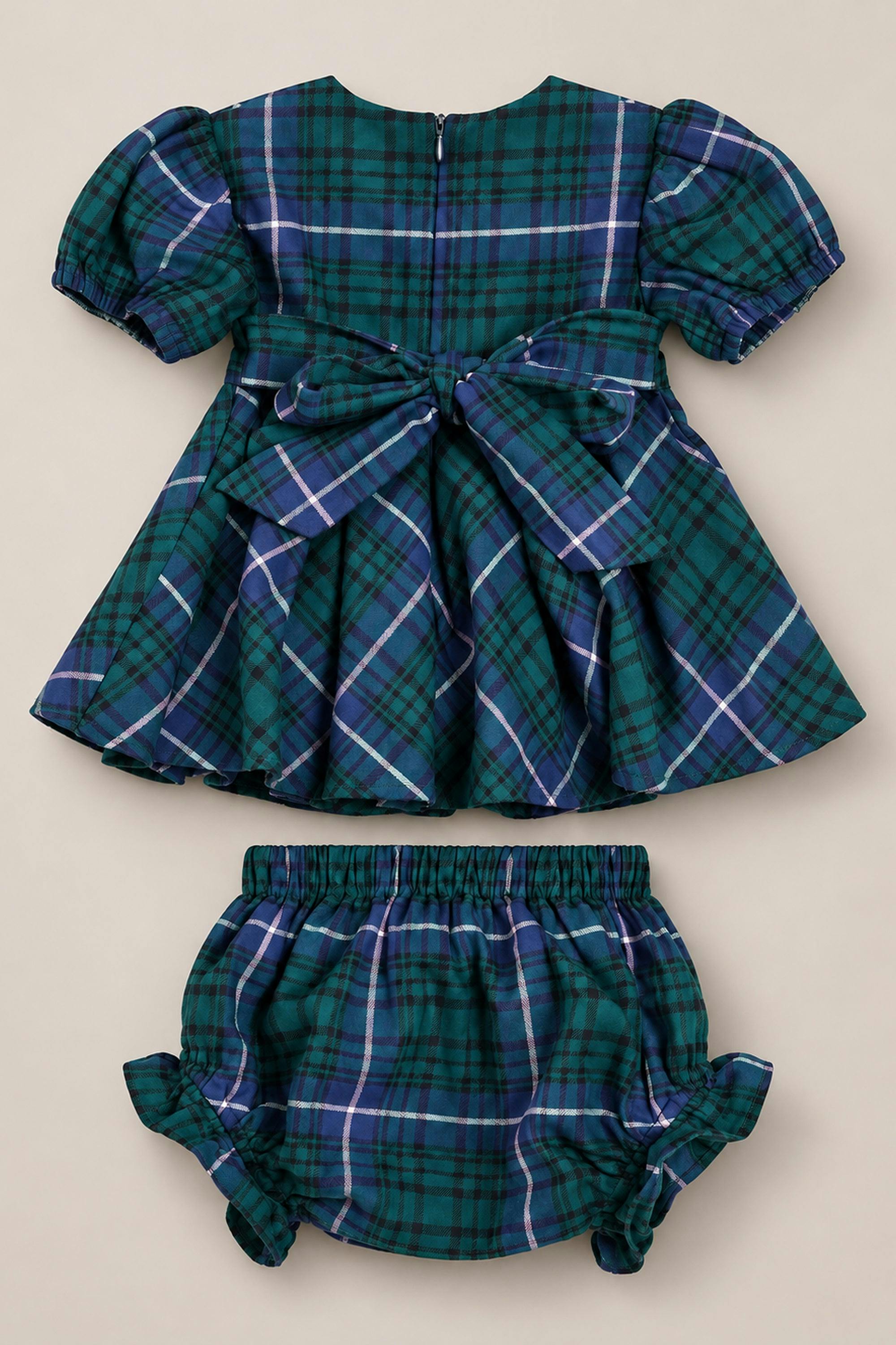 Baby Cupcake Dress Set in Emerald Plaid