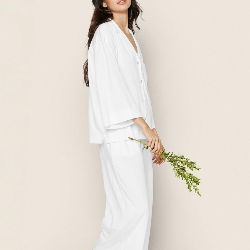 The Olivia Wide Leg Pima Pajama Set in White
