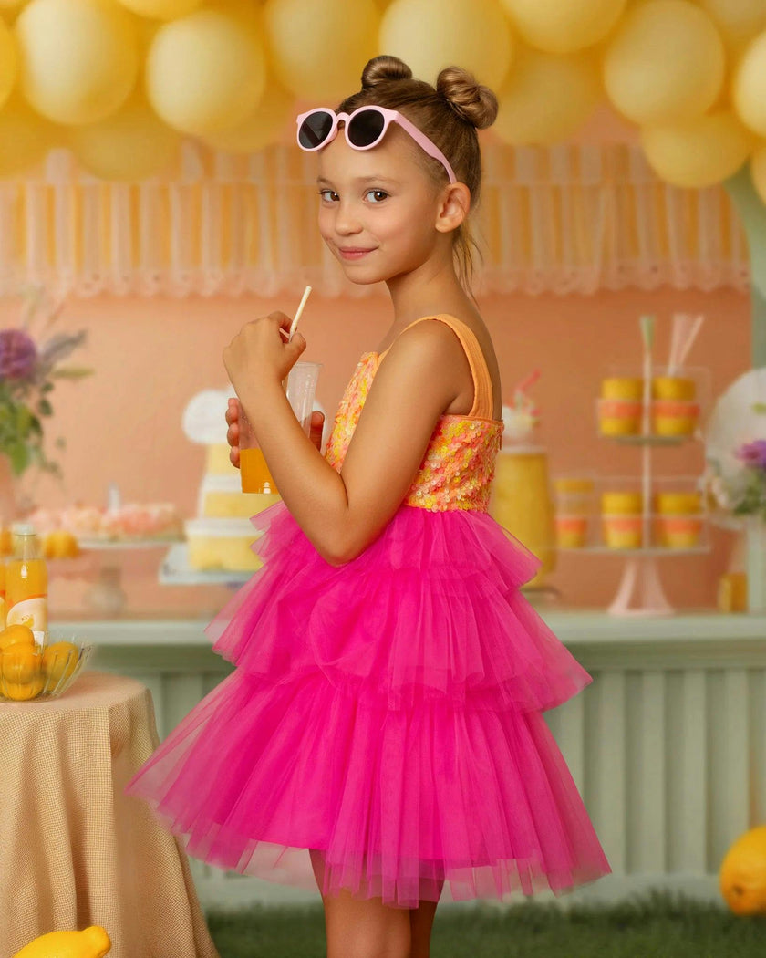 Pink Lemonade Sequin Tiered Tulle Birthday Dress for Girls