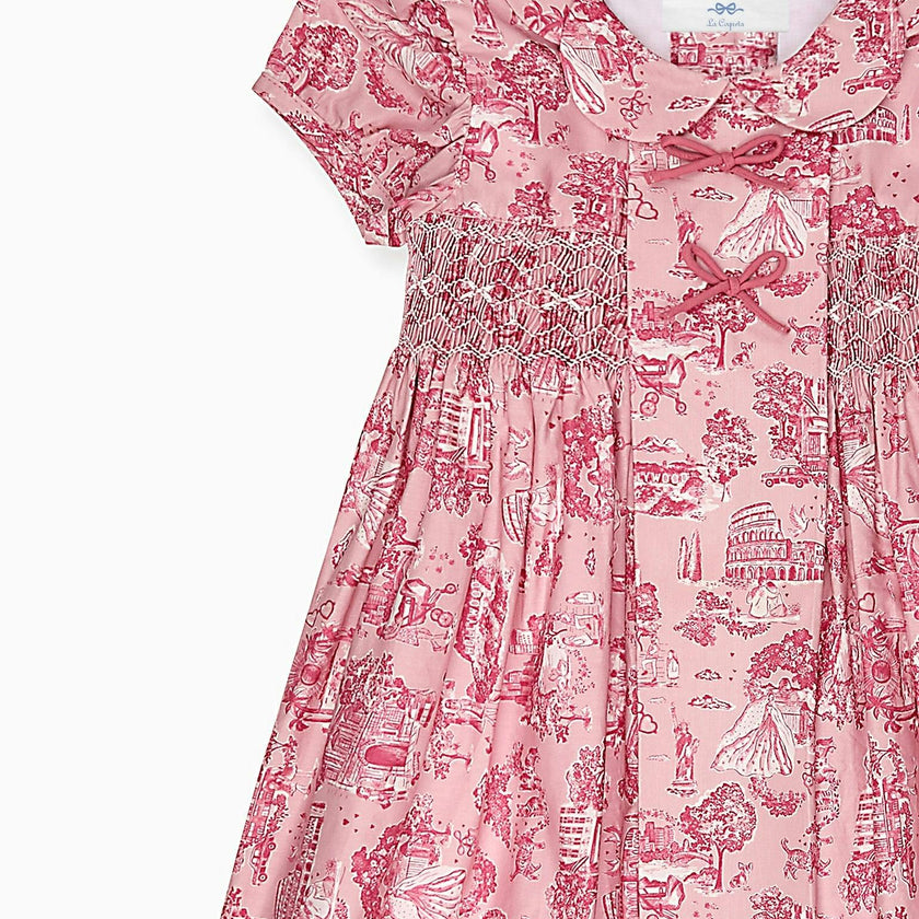 Nicky Hilton x La Coqueta Pink Toile de Jouy Theodora Girl Hand-Smocked Dress