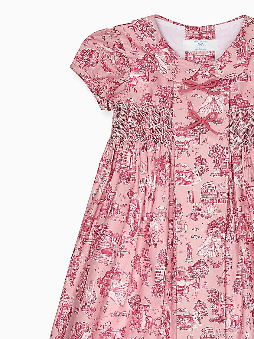 Nicky Hilton x La Coqueta Pink Toile de Jouy Theodora Girl Hand-Smocked Dress