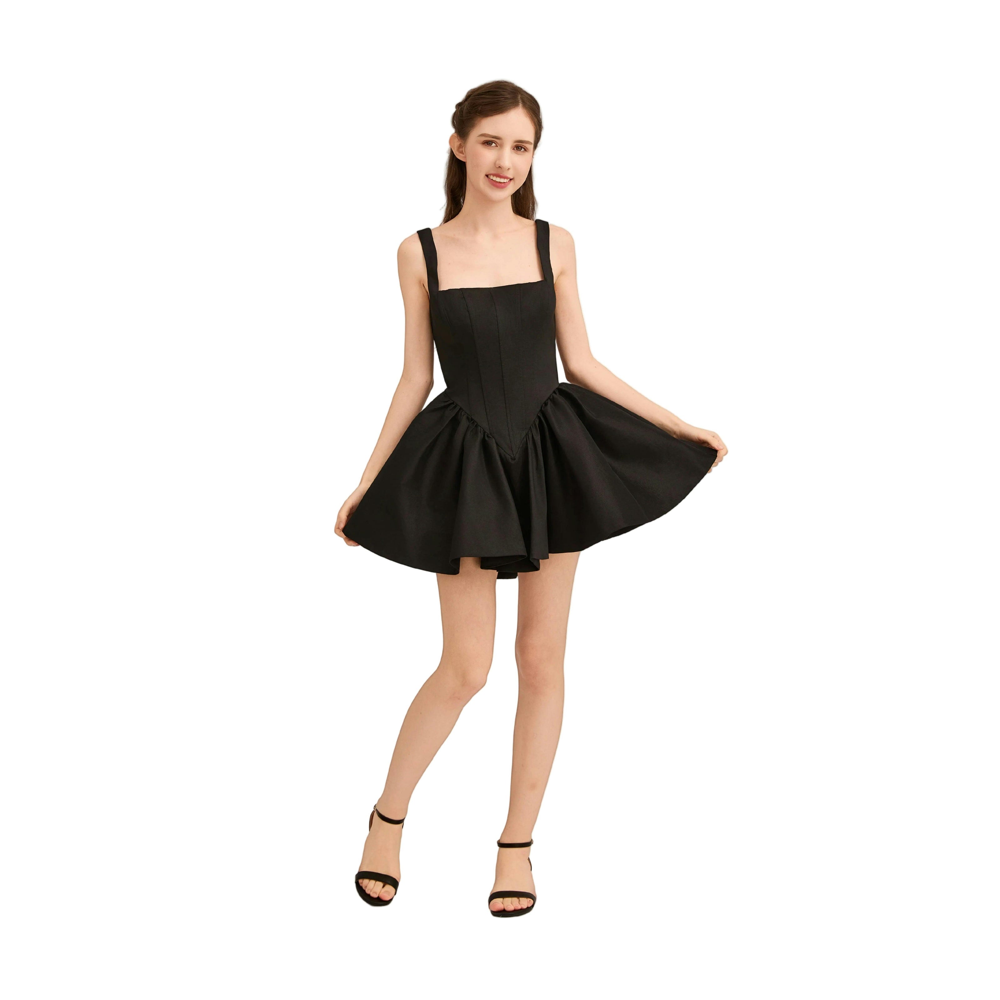 Black Andria Square-Neck Flared Dress