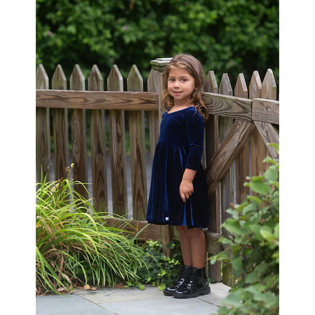 Twirly Dress in Navy Stretch Velvet FW25