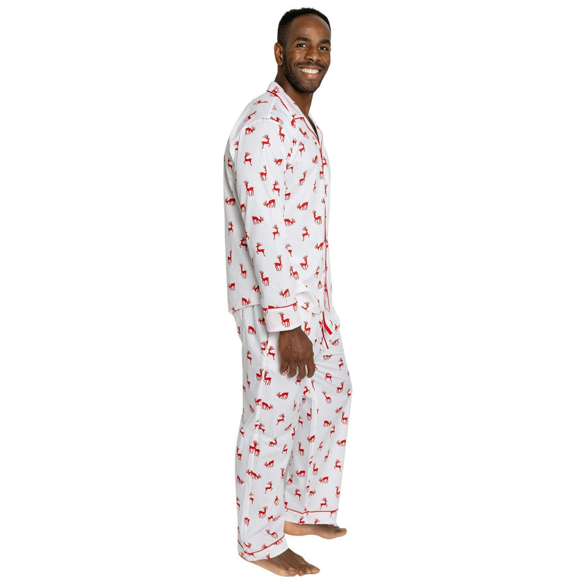 Men's Reindeer Red Long PJ Set - Organic Cotton Poplin
