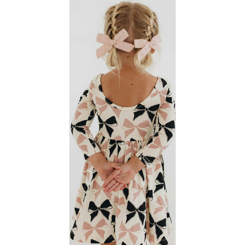 3/4 Sleeve Twirl Dress in Vintage Pink and Black Bows