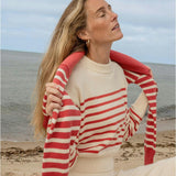 Women's Cream And Red Stripe Cropped Sweater