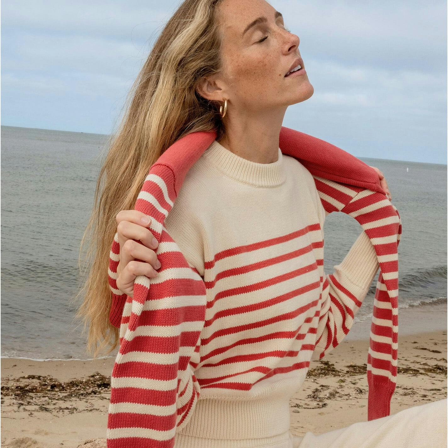 Women's Cream And Red Stripe Cropped Sweater