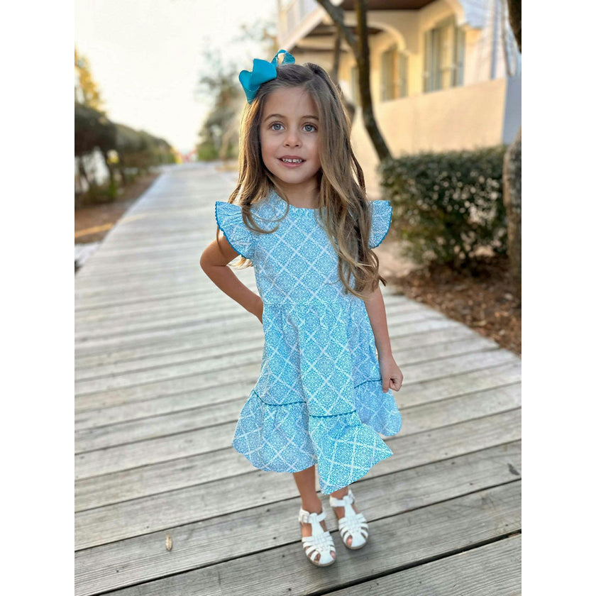 Geometric Blue Ruffle Dress