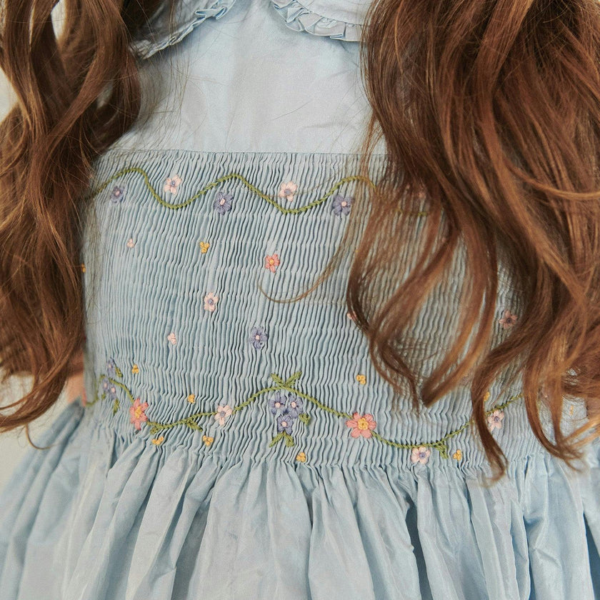 Light Blue Eva Silk Ceremony Girl Hand-Smocked Dress