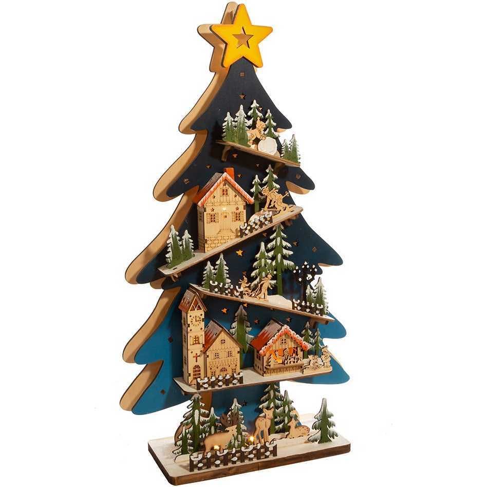 23.6-Inch Battery-Operated Light Up Wooden Christmas Tree with Village Scene