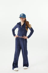 Elle Navy Stretch Velour Zip up Hoodie Sweatshirt