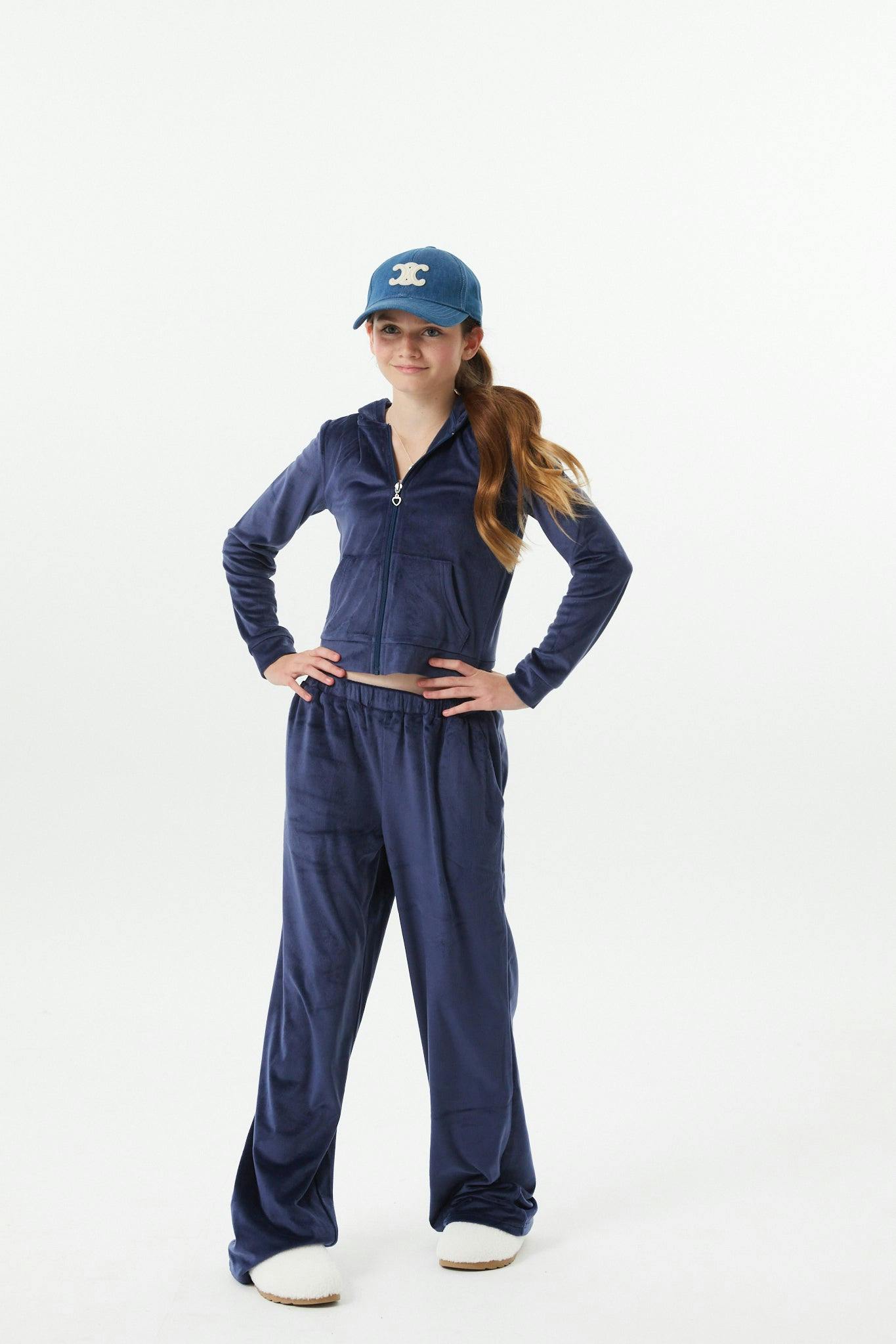 Elle Navy Stretch Velour Zip up Hoodie Sweatshirt