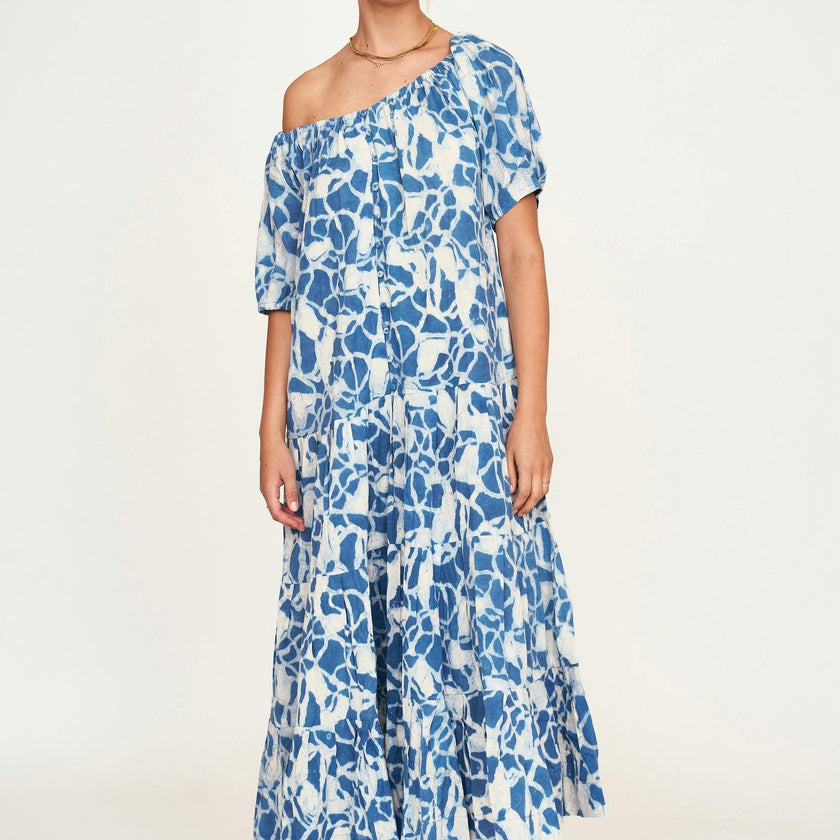 Women's Capri Elastic Bubble Sleeve Tiered Maxi Dress, Blue