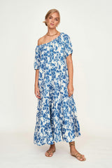 Women's Capri Elastic Bubble Sleeve Tiered Maxi Dress, Blue