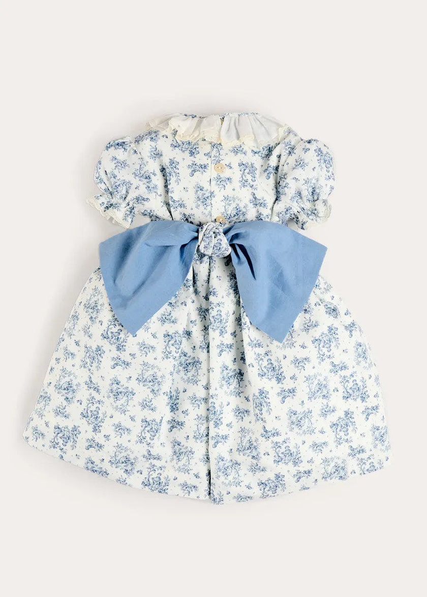 Audrey Toile Hand Smocked Ruffle Collar Short Sleeve Dress in Blue (12mths- 10yrs)