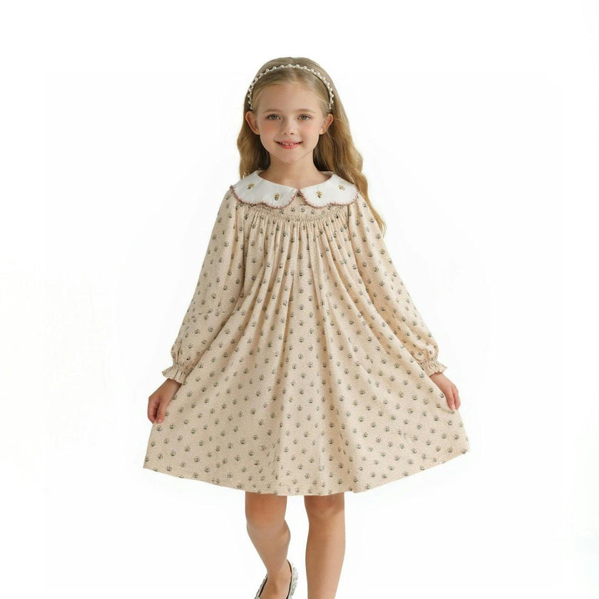 Beige Floral Smocked Dress