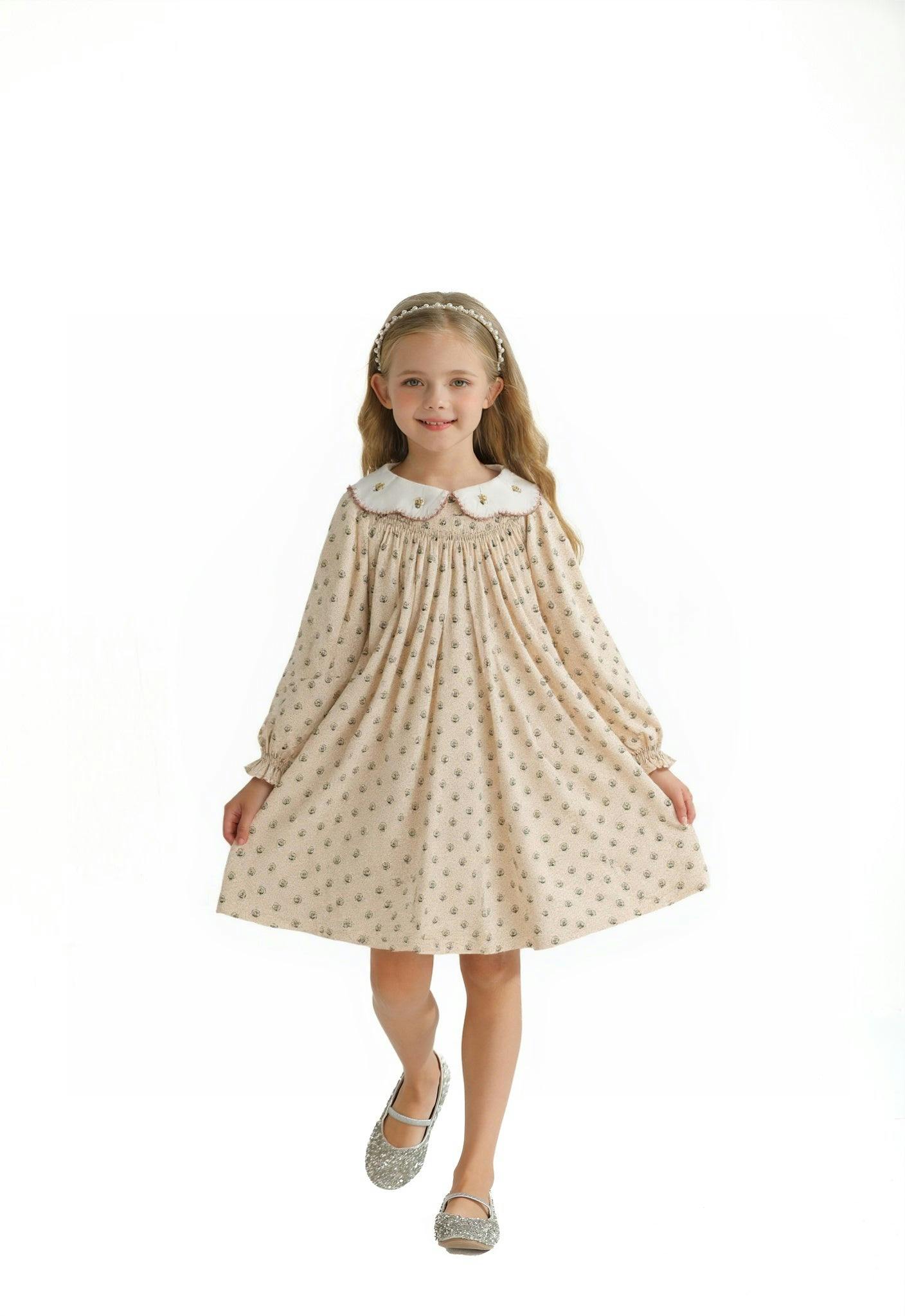 Beige Floral Smocked Dress