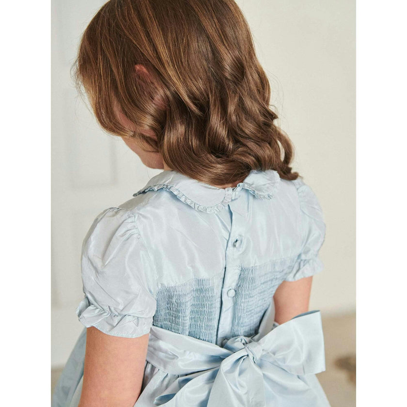 Light Blue Eva Silk Ceremony Girl Hand-Smocked Dress