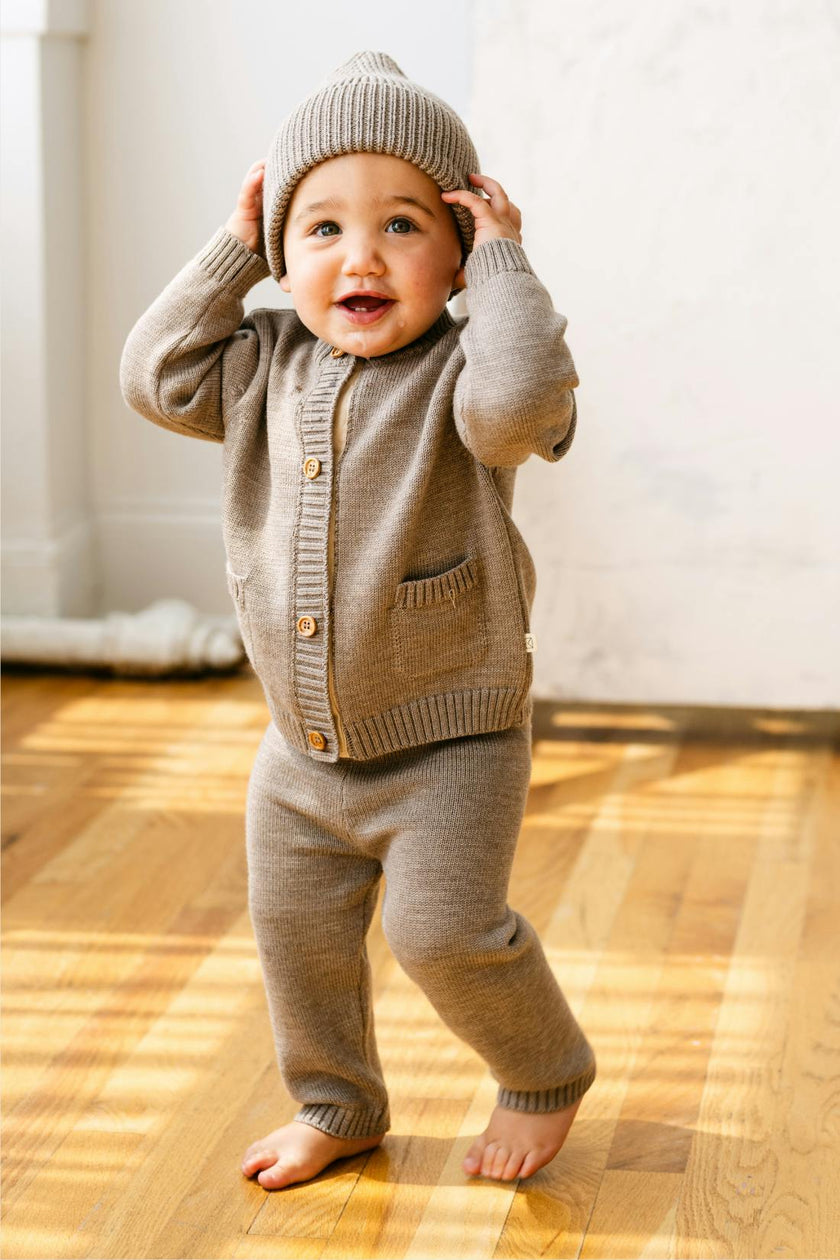 Merino Wool Baby Cardigan in Heather Brown